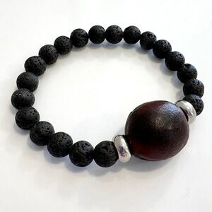 Djuku Seed Lava Stone Black Beaded Boho Stretch Bracelet Silver Accents